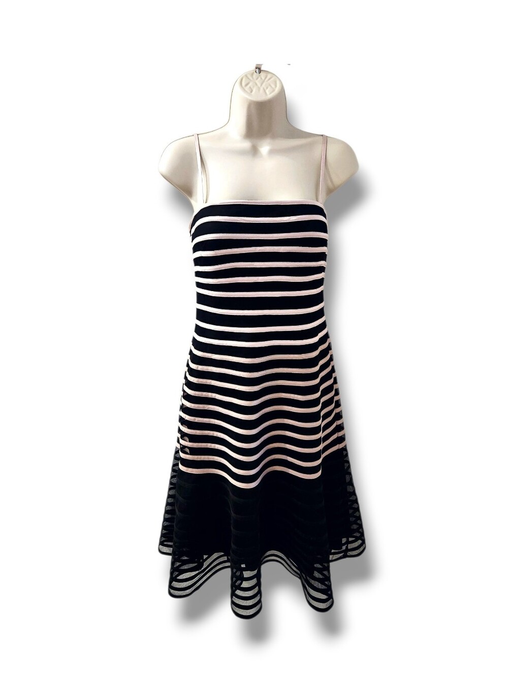 JS Collections Striped Sleeveless Satin Mesh Trumpet Cocktail Dress | 10